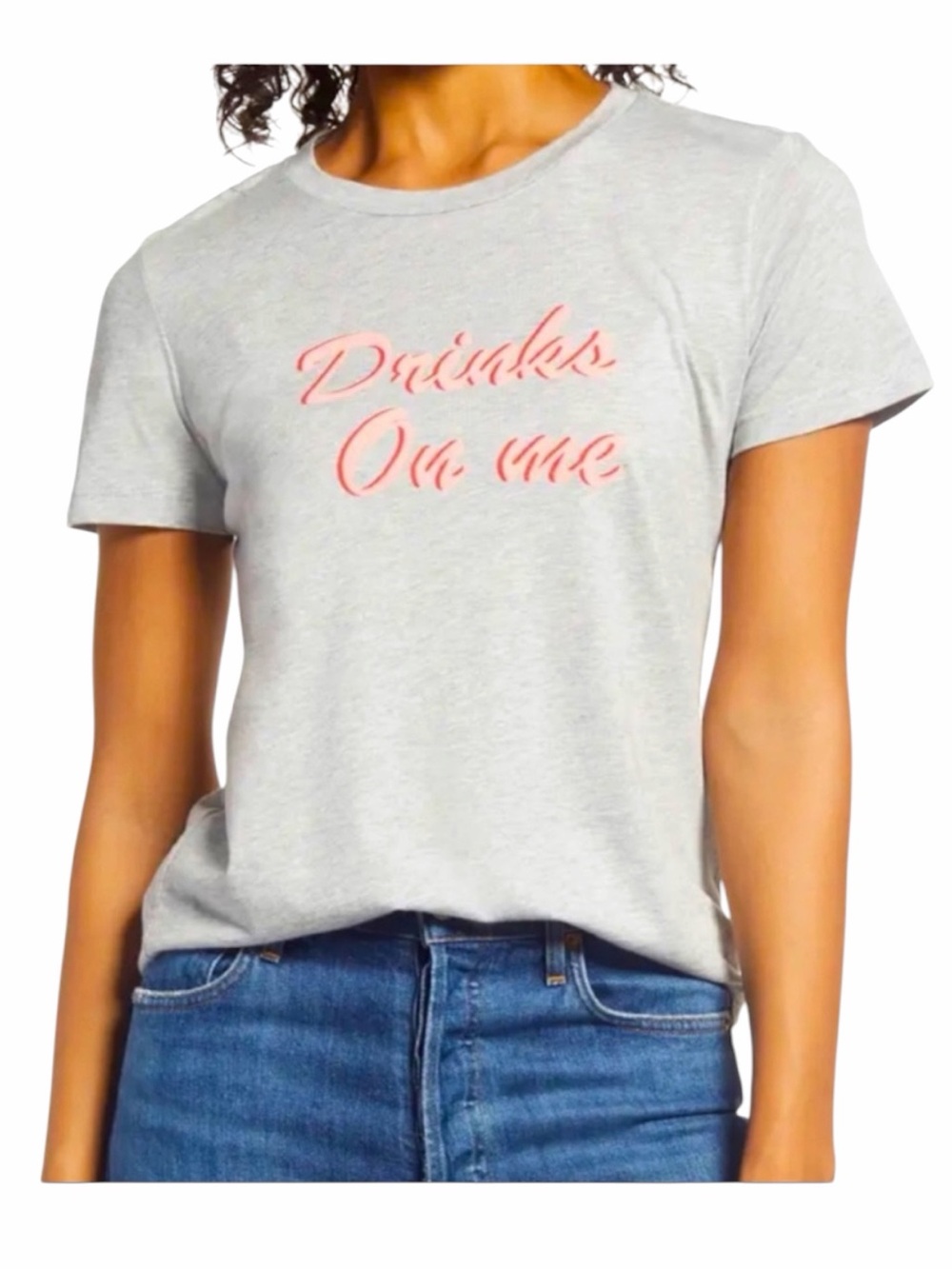 NWT! 1901 Grey Heather Cotton/Modal Blend “DRINKS ON ME” Graphic Tee. Size Small